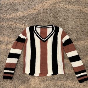 Striped V-Neck Sweater - Black, White, and Brown